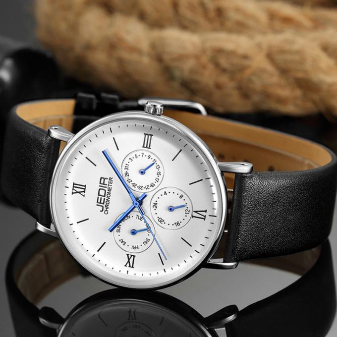 WJ-7396 도매 JEDIR 상표 남자 시계는 늦게 3ATM 석영 Handwatches 자동 날짜 일 가죽 손목 시계를 디자인합니다